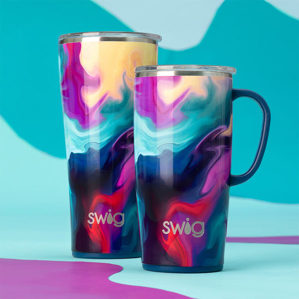 Swig Life Aura Insulated 32oz Tumbler and 22oz Travel Mug on a blue and purple abstract background