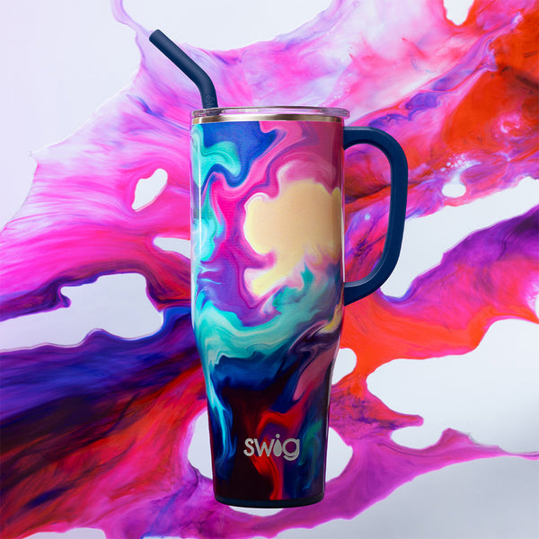 Swig Life Insulated Aura 40oz Mega Mug on a bright colorful navy, pink, and red abstract background