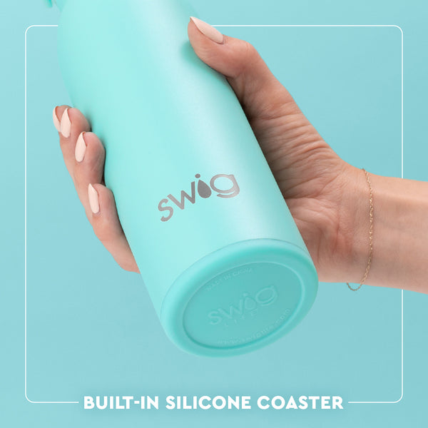 Swig Life 16oz Flip + Sip Bottle Built-in Silicone Coaster Base infographic shown in Aqua - slip-free, scratch-free, noise-free 