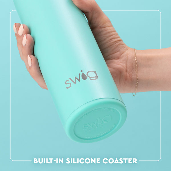 Swig Life 20oz Flip + Sip Bottle Built-in Silicone Coaster Base infographic shown in Aqua - slip-free, scratch-free, noise-free 