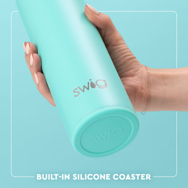 Swig Life 26oz Flip + Sip Bottle Built-in Silicone Coaster Base infographic shown in Aqua - slip-free, scratch-free, noise-free 