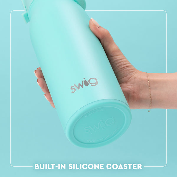 Swig Life 36oz Flip + Sip Bottle Built-in Silicone Coaster Base infographic shown in Aqua - slip-free, scratch-free, noise-free 