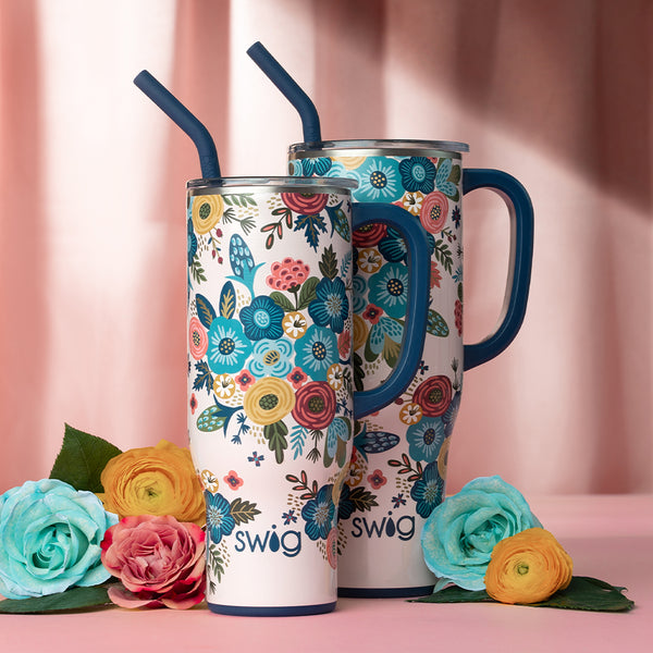 Swig Life Bella Rosa Insulated 40oz and 30oz Insulated Mega Mugs on a pink background with colorful flowers