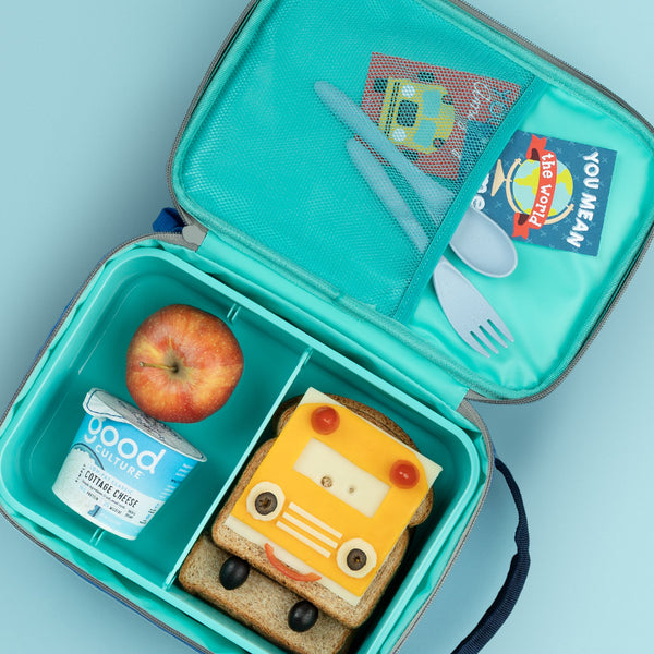 Swig Life Blue Tide Lined Lunch Box with snacks inside