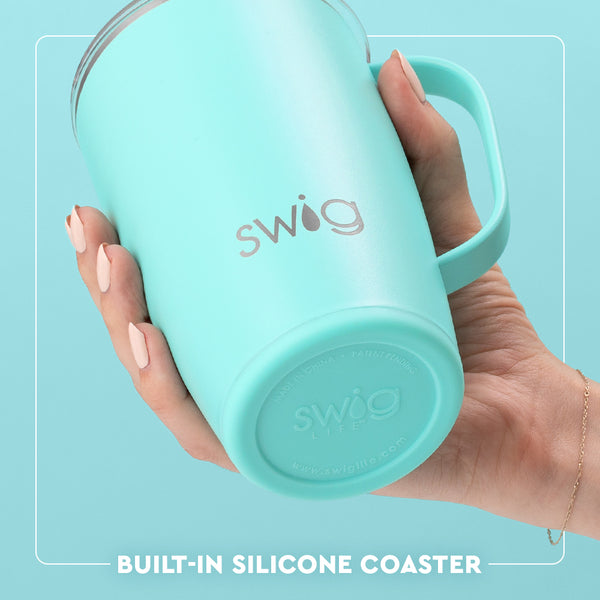 Swig Life 18oz Travel Mug Built-in Silicone Coaster Base infographic shown in Aqua - slip-free, scratch-free, noise-free 