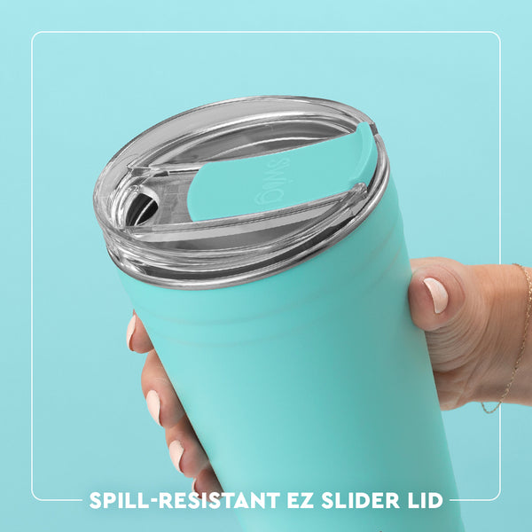 Swig Life EZ Slider Lid infographic - spill-resistant, easy-to-remove slider