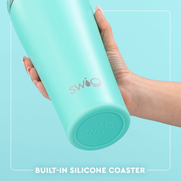 Swig Life Built-in Silicone Coaster Base infographic shown in Aqua - slip-free, scratch-free, noise-free 