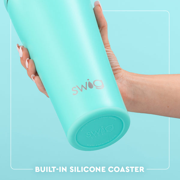 Swig Life 32oz Tumbler with Straw Lid Built-in Silicone Coaster Base infographic shown in Aqua - slip-free, scratch-free, noise-free 