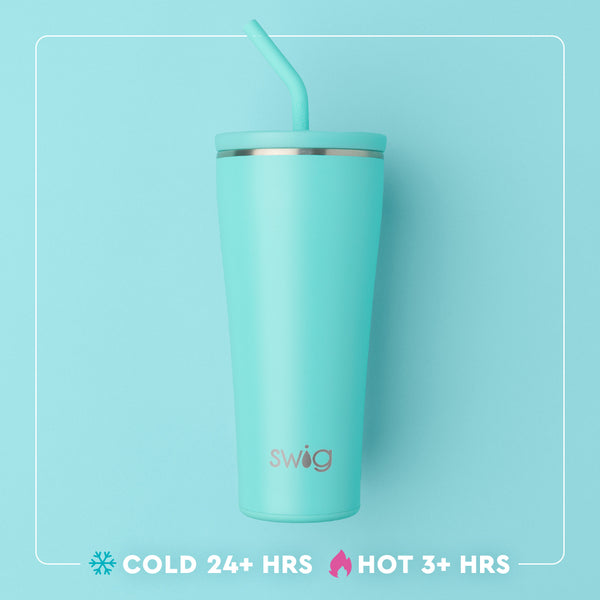 Swig Life 32oz Tumbler with Straw Lid temperature infographic - cold 24+ hours or hot 3+ hours