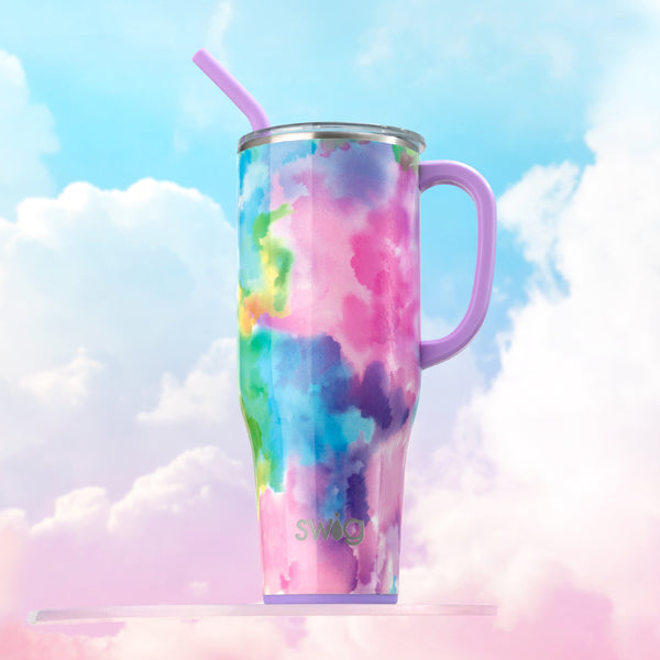 Swig Life Insulated Cloud Nine 40oz mega Mug on a dreamy blue and pink cloud background