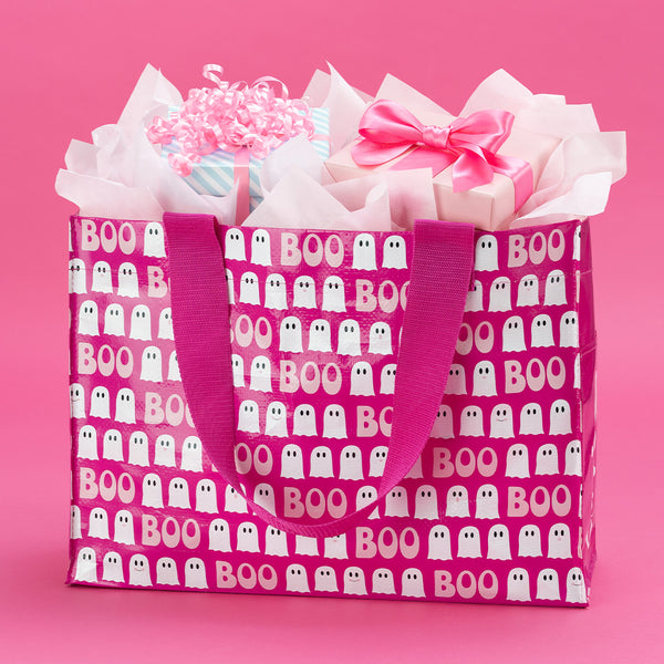 Swig Life Faboolous Laminated Tote Bag filled with gifts on a pink background