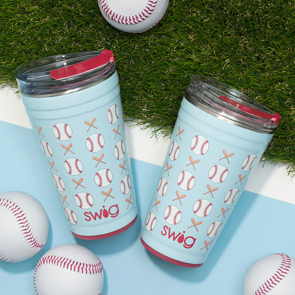 Swig Life Insulated Home Run Party Cups on a baseball field