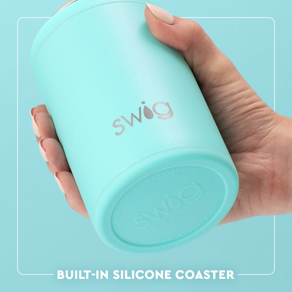 Swig Life 12oz Can + Bottle Cooler Built-in Silicone Coaster Base infographic shown in Aqua - slip-free, scratch-free, noise-free 