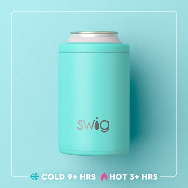 Swig Life 12oz Can + Bottle Cooler temperature infographic - cold 9+ hours or hot 3+ hours