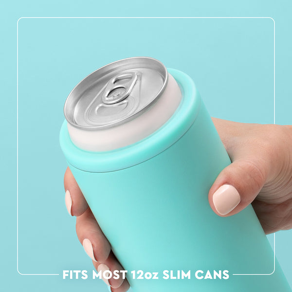 Swig Life 12oz Skinny Can Cooler infographic showing the view from the top. Fits most 12oz cans and bottles