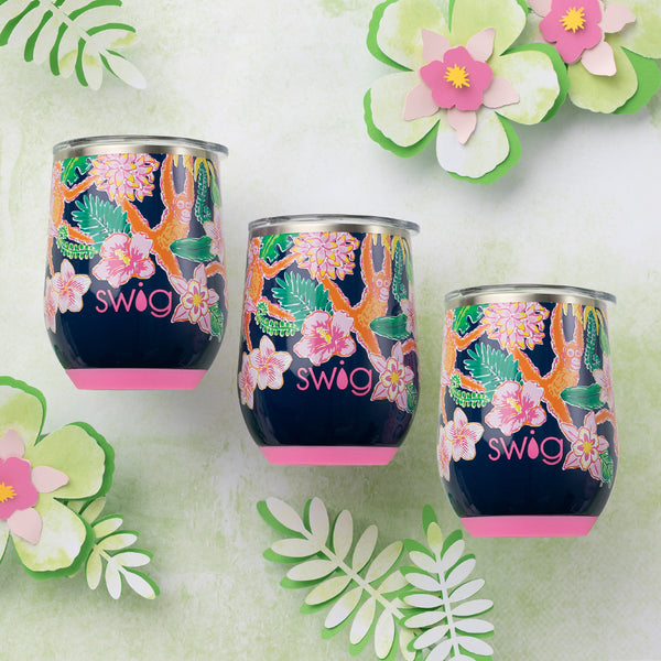 Swig Life Insulated Jungle Gym 12oz Stemless Wine Cups on a green tropical floral background