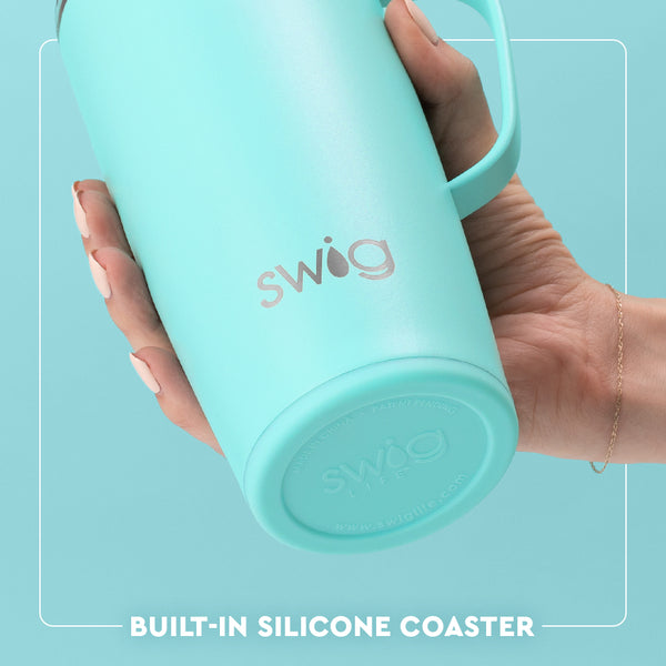 Swig Life 22oz Travel Mug Built-in Silicone Coaster Base infographic shown in Aqua - slip-free, scratch-free, noise-free 