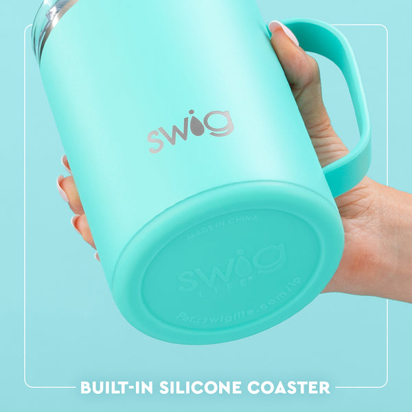 Swig Life 24oz Large Camper Mug Built-in Silicone Coaster Base infographic shown in Aqua - slip-free, scratch-free, noise-free 