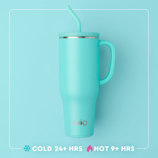 Swig Life 40oz Mega Mug with Straw Lid temperature infographic - cold 24+ hours or hot 9+ hours