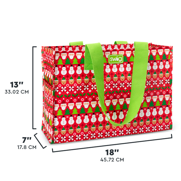 Swig Life Christmas Crew Large Reusable Bag size scale graphic showing dimensions