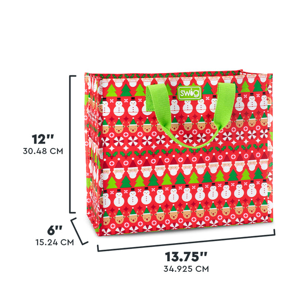 Swig Life Christmas Crew Medium Reusable Bag size scale graphic showing dimensions