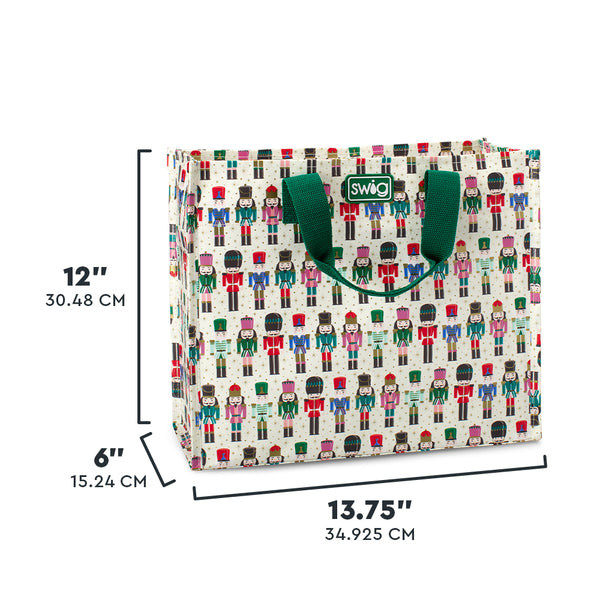 Swig Life Classic Nutcracker Medium Reusable Bag size scale graphic showing dimensions