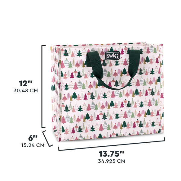 Swig Life Tinseled Trees Medium Reusable Bag size scale graphic showing dimensions