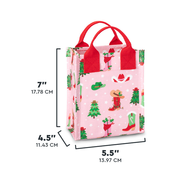 Swig Life Howdy Holidays Mini Reusable Bag size scale graphic showing dimensions