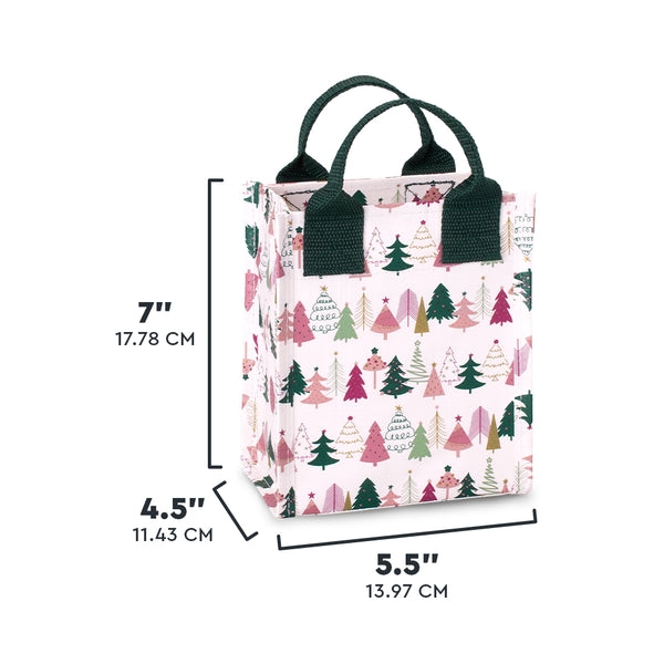 Swig Life Tinseled Trees Mini Reusable Bag size scale graphic showing dimensions