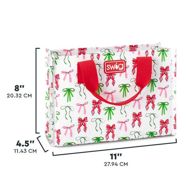 Swig Life Ribbons and Bows Small Reusable Bag size scale graphic showing dimensions