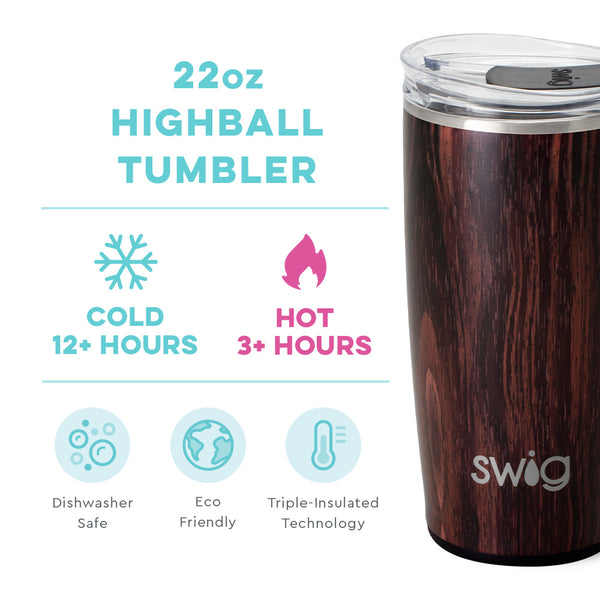 Swig Life 22oz Bourbon Barrel Highball Tumbler temperature infographic - cold 12+ hours or hot 3+ hours