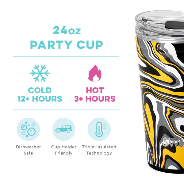 Swig Life 24oz Fanzone Black + Yellow Party Cup temperature infographic - cold 12+ hours or hot 3+ hours