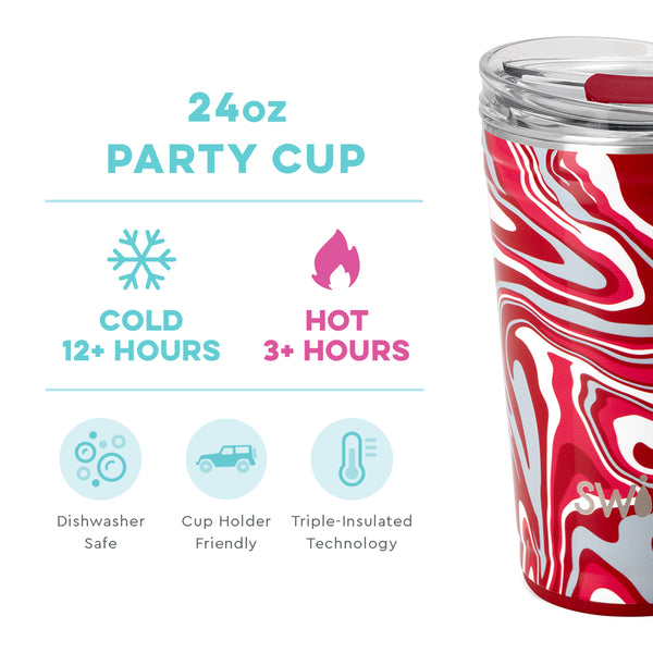 Swig Life 24oz Fanzone Crimson Party Cup temperature infographic - cold 12+ hours or hot 3+ hours