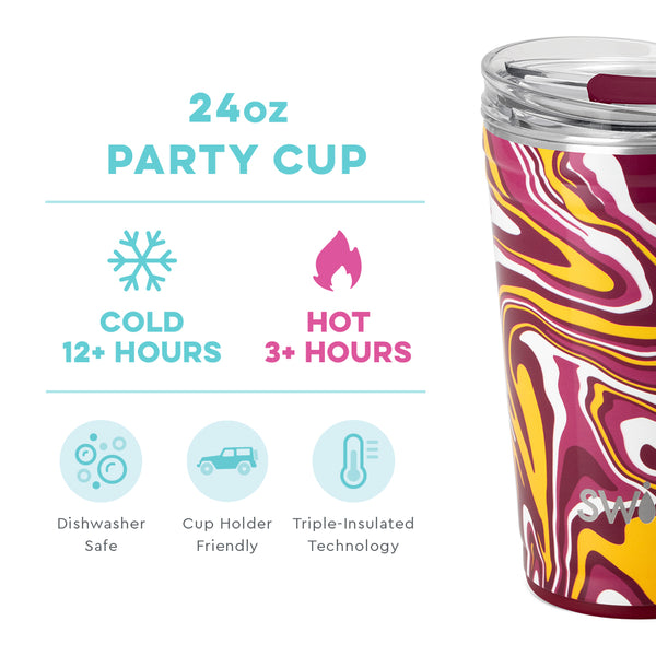 Swig Life 24oz Fanzone Maroon + Yellow Party Cup temperature infographic - cold 12+ hours or hot 3+ hours