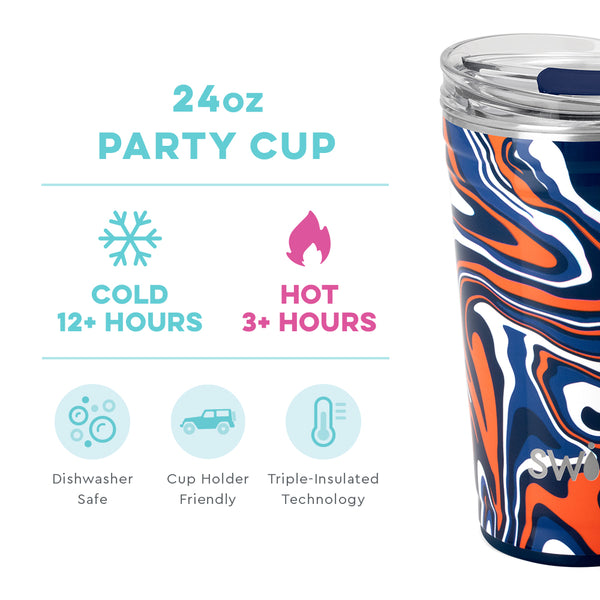 Swig Life 24oz Fanzone Navy + Orange Party Cup temperature infographic - cold 12+ hours or hot 3+ hours