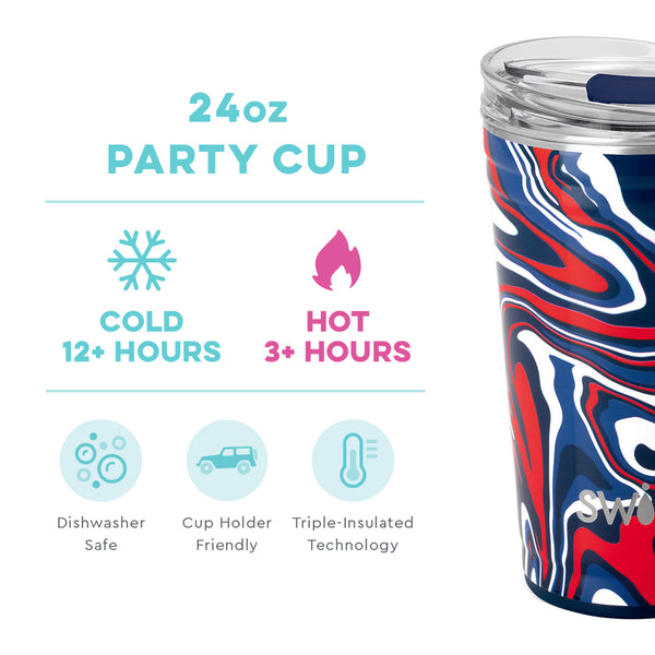 Swig Life 24oz Fanzone Navy + Red Party Cup temperature infographic - cold 12+ hours or hot 3+ hours