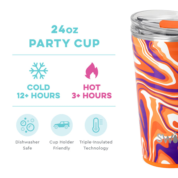 Swig Life 24oz Fanzone Orange + Purple Party Cup temperature infographic - cold 12+ hours or hot 3+ hours