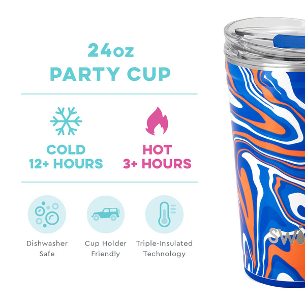 Swig Life 24oz Fanzone Royal + Orange Party Cup temperature infographic - cold 12+ hours or hot 3+ hours