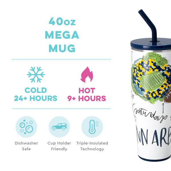 Swig Life 40oz Saturdays in Ann Arbor Mega Mug temperature infographic - cold 24+ hours or hot 9+ hours