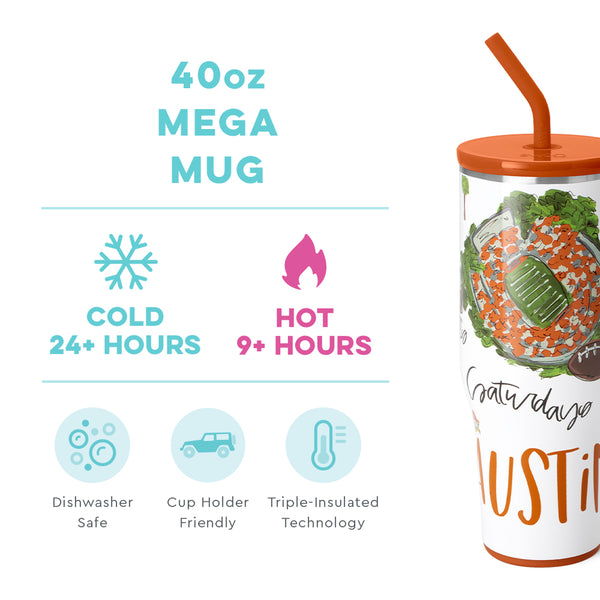 Swig Life 40oz Saturdays in Austin Mega Mug temperature infographic - cold 24+ hours or hot 9+ hours