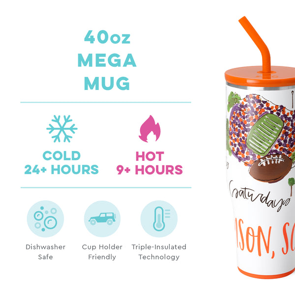 Swig Life 40oz Saturdays in Clemson Mega Mug temperature infographic - cold 24+ hours or hot 9+ hours