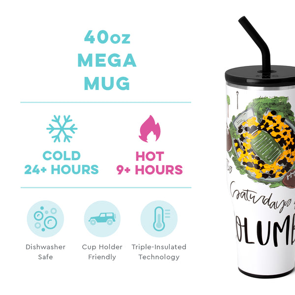 Swig Life 40oz Saturdays in Columbia, MO Mega Mug temperature infographic - cold 24+ hours or hot 9+ hours