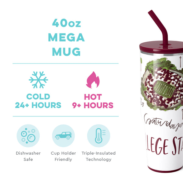 Swig Life 40oz Saturdays in College Station Mega Mug temperature infographic - cold 24+ hours or hot 9+ hours