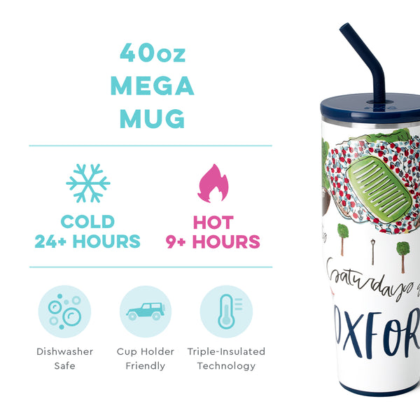 Swig Life 40oz Saturdays in Oxford Mega Mug temperature infographic - cold 24+ hours or hot 9+ hours