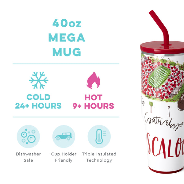 Swig Life 40oz Saturdays in Tuscaloosa Mega Mug temperature infographic - cold 24+ hours or hot 9+ hours