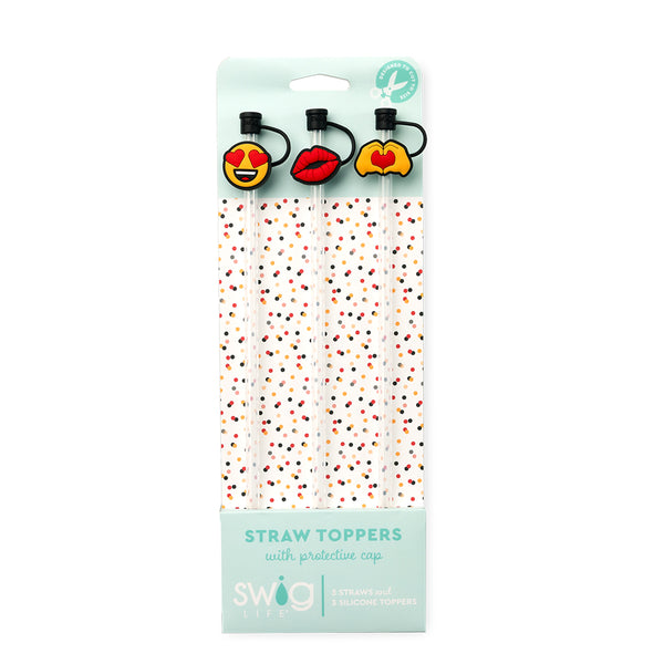 Swig Life Valentine's Day Emoji Straw Topper Set including three straws and three silicone topper protective caps