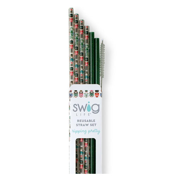 Swig Life Classic Nutcracker + Green Glitter Reusable Straw Set with six straws and cleaning brush