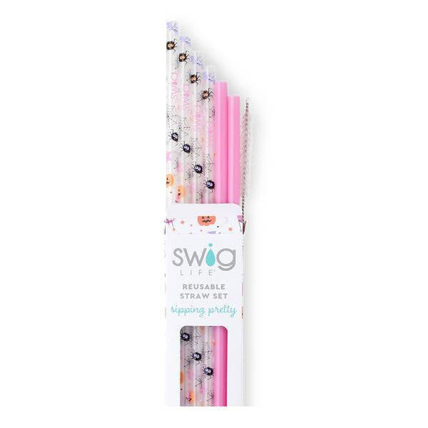 Swig Life Sweet and Spooky + Pink Reusable Straw Set with six straws and cleaning brush