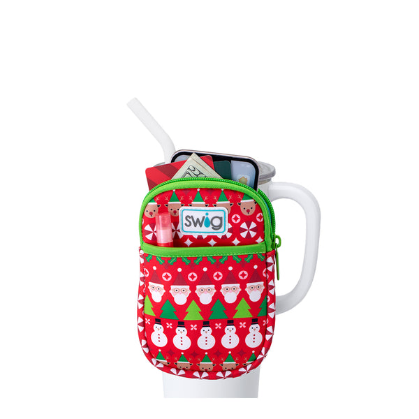 Swig Life Christmas Crew Neoprene Mega Mug Pouch with two pockets containing daily essentials