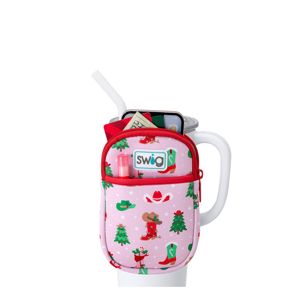 Swig Life Howdy Holidays Neoprene Mega Mug Pouch with two pockets containing daily essentials